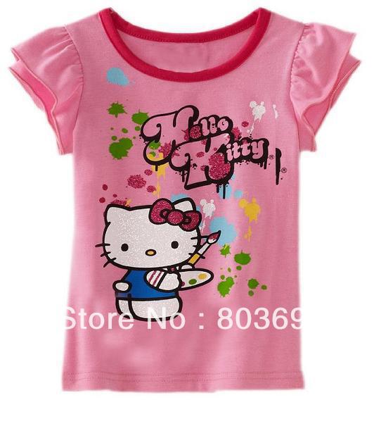 Free shipping old fashion baby girl short sleeve t shirt kid's casual tee children kitty top ST-123