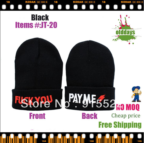 Free Shipping Olddays JT-20 street commes new arrive men and women beanie black hat fuck you pay me beanie popular NO MOQ