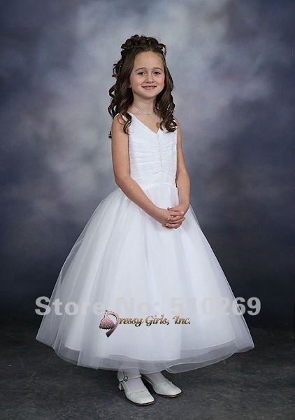 Free Shipping On Sale  Custom-made Sleeveless V-neck Satin Flower Girl Dress / Child Dress