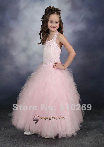 Free Shipping On Sale Embroidery Halter Ruffled Organza Flower Girl Dress