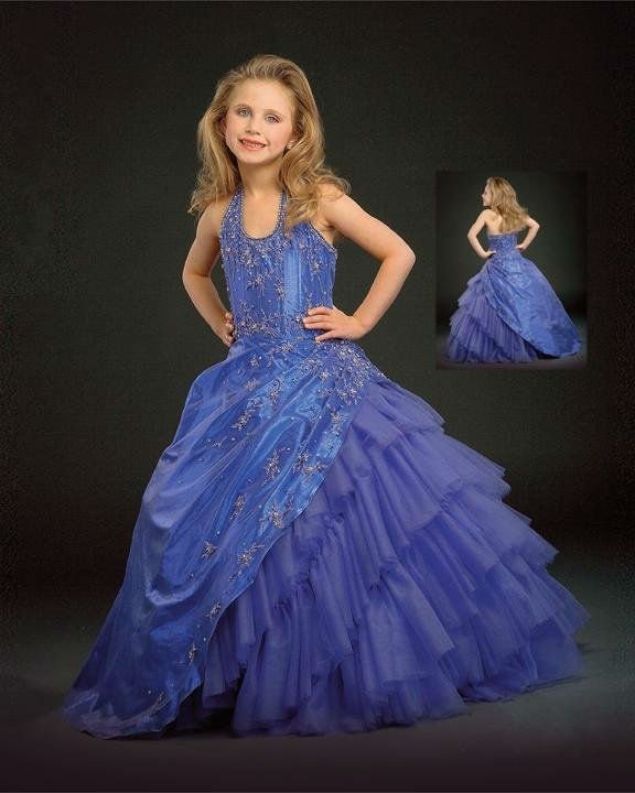 Free Shipping On Sale Little Queen Blue Sequined and Embroidery Halter Organza Flower Girl Dress
