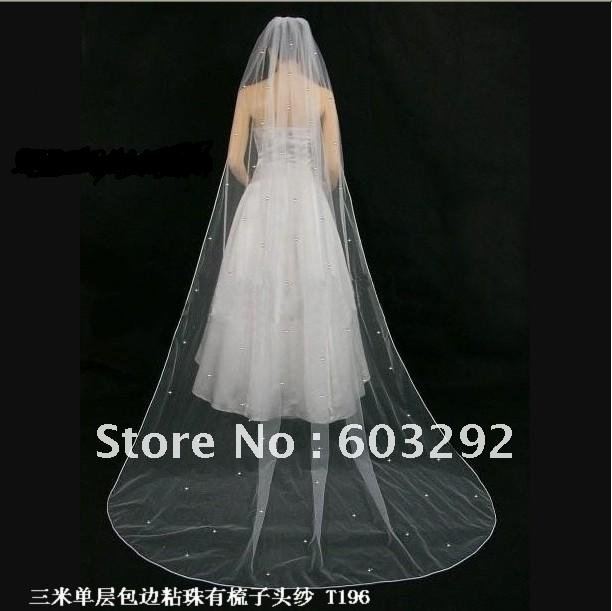 Free shipping one-layer Beaded long Bridal Veils/Wedding Veil/Bridal Accessories /lace veil T-196