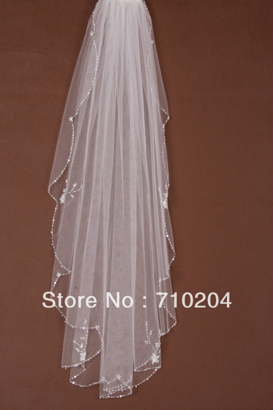 Free shipping One Layer White Bridal Veil With Pearl And Beading