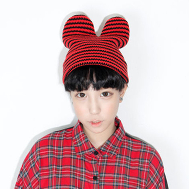 Free shipping one-piece knitted hat winter female stripe cat ears devil horn knitted hat