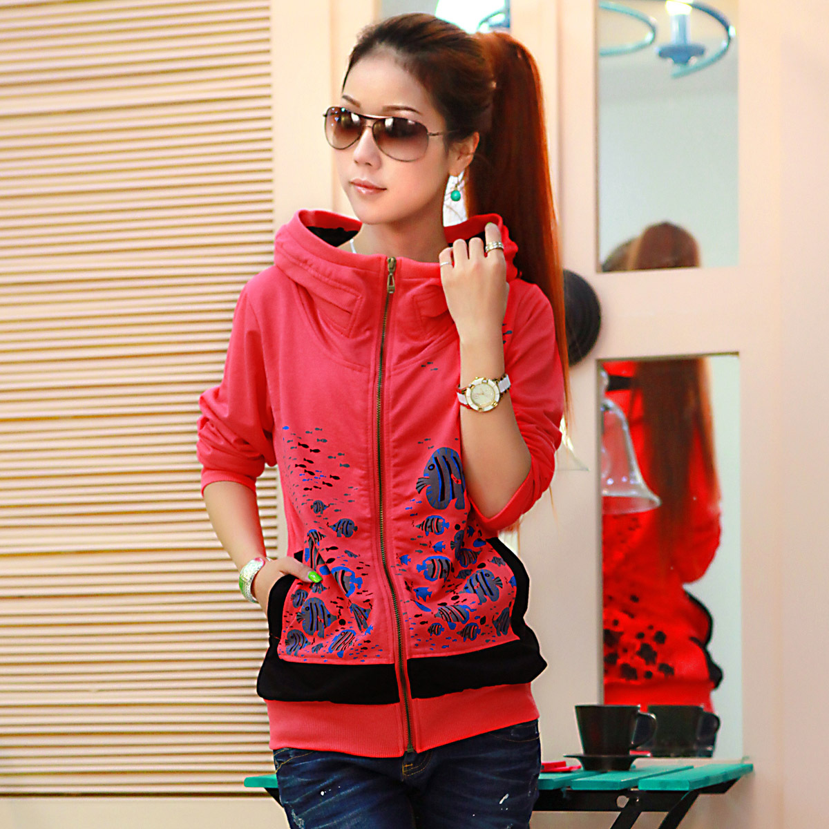 Free shipping one-piece spring and autumn outerwear female short jacket sweat shirt casual school wear cardigan