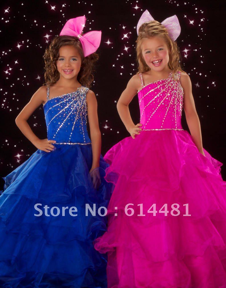 Free Shipping One Shoulder Beads Sequin Royal Blue Hot Pink Organza Full Length Cheap Kid Flower Girl Dress 2012 Custom Made