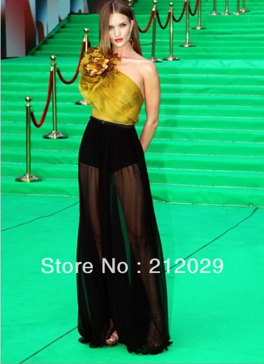 Free shipping!one-shoulder flowers full-length asymmentric custom-made like star sexy celebrity dress 2013