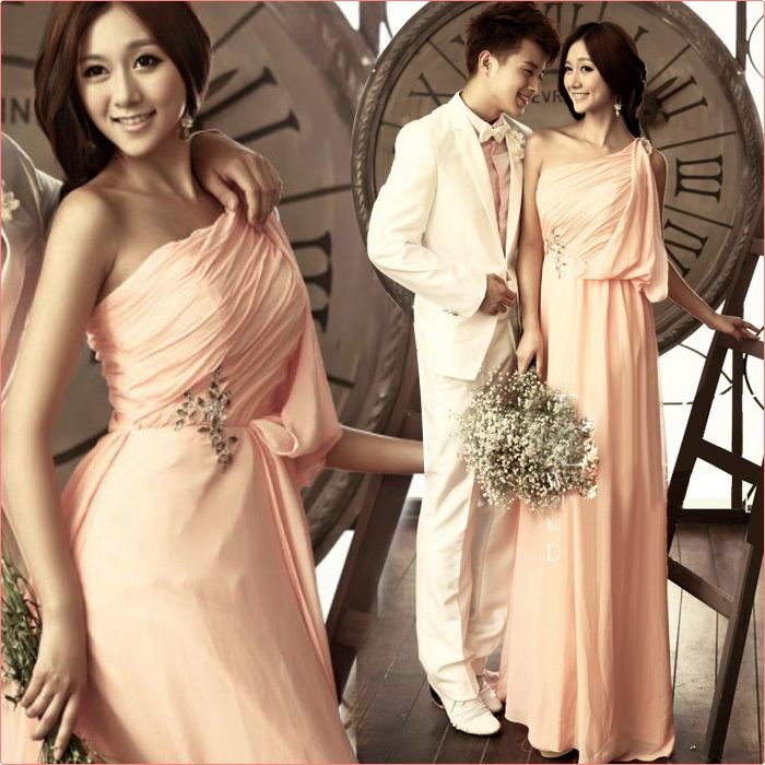 Free shipping One shoulder oblique light pink bride evening dress Prom dress Party dress #9113
