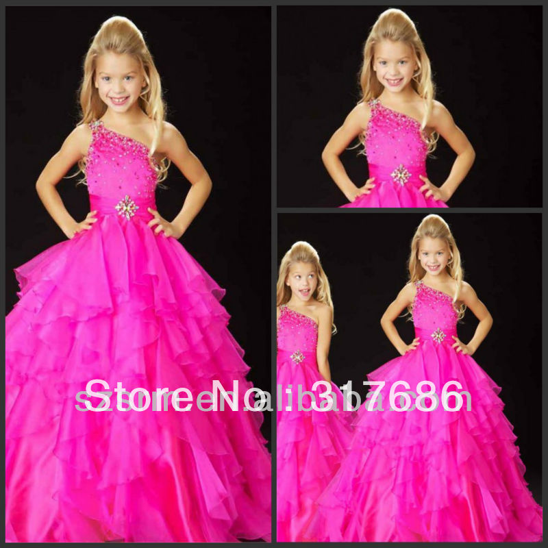 Free Shipping One Shoulder Organza Floor Length Ball Gown Hot Pink Pageant Dresses For Girls 2013