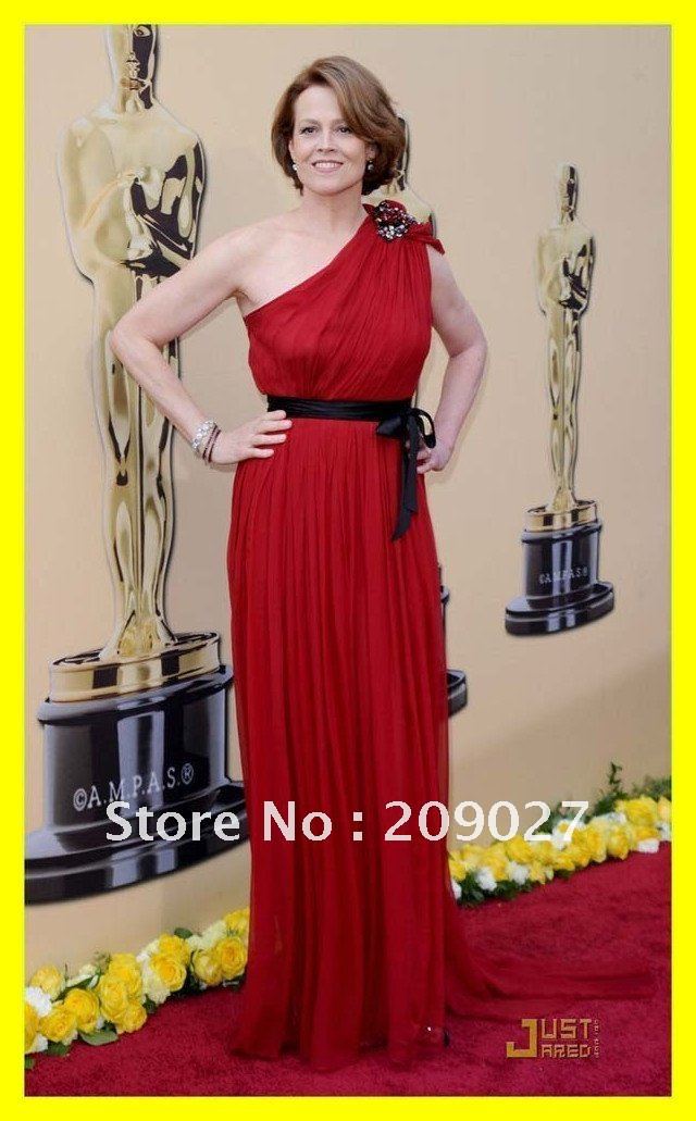 Free Shipping One-shoulder Paillette Designer Star Sigourney Weaver 2010 Oscars Red Carpet Red Chiffon Sashes Celebrity Dresses