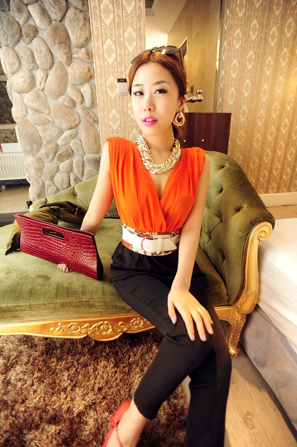 free shipping Orange fashion vintage V-neck sleeveless silks and satins cummerbund colorant match jumpsuit 3901
