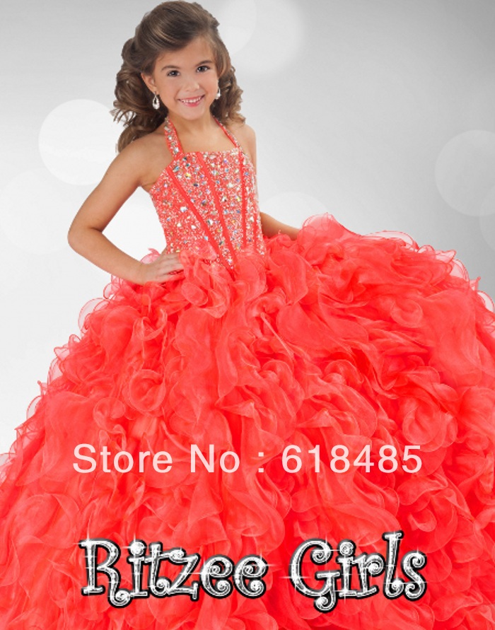 Free shipping orange organza flowers mini silver beading and feathers cupcake flower girl dress/pageant girl dres