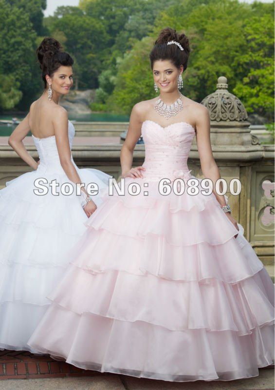 Free Shipping Organza Tiered Ball Gown Sweetheart Sleeveless Pink Custom Made Quinceanera Dresses