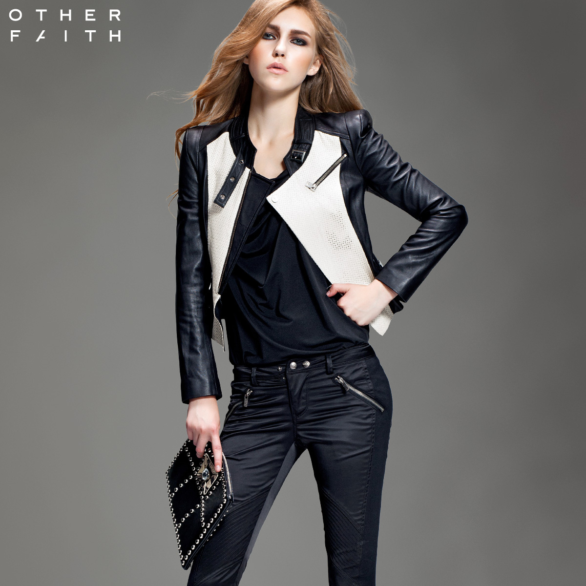 Free shipping Otherfaith black-and-white patchwork genuine leather clothing short design outerwear women's 12fg013059f