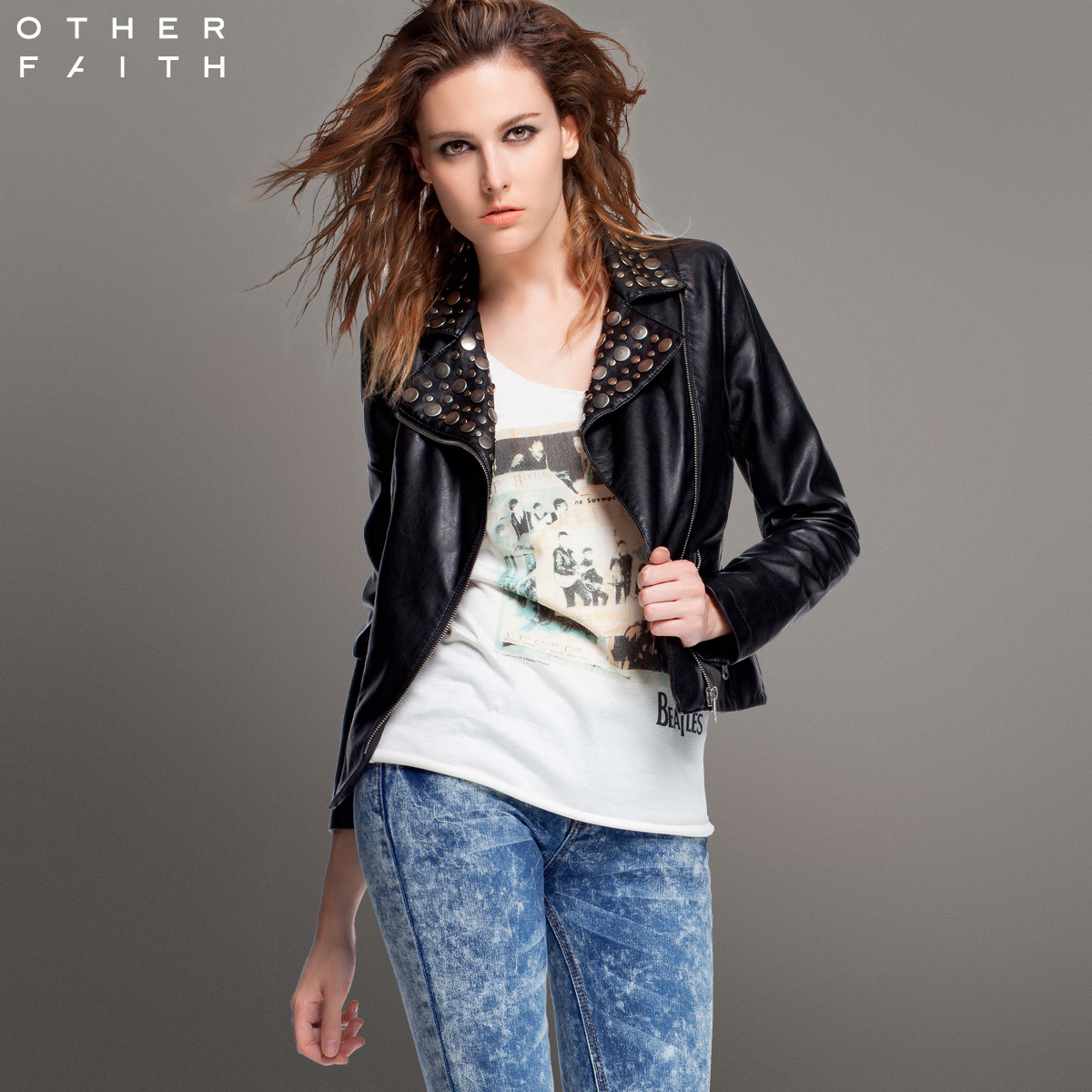 Free shipping Otherfaith fashion motorcycle rivet slim women's PU leather clothing outerwear 12eg013011f