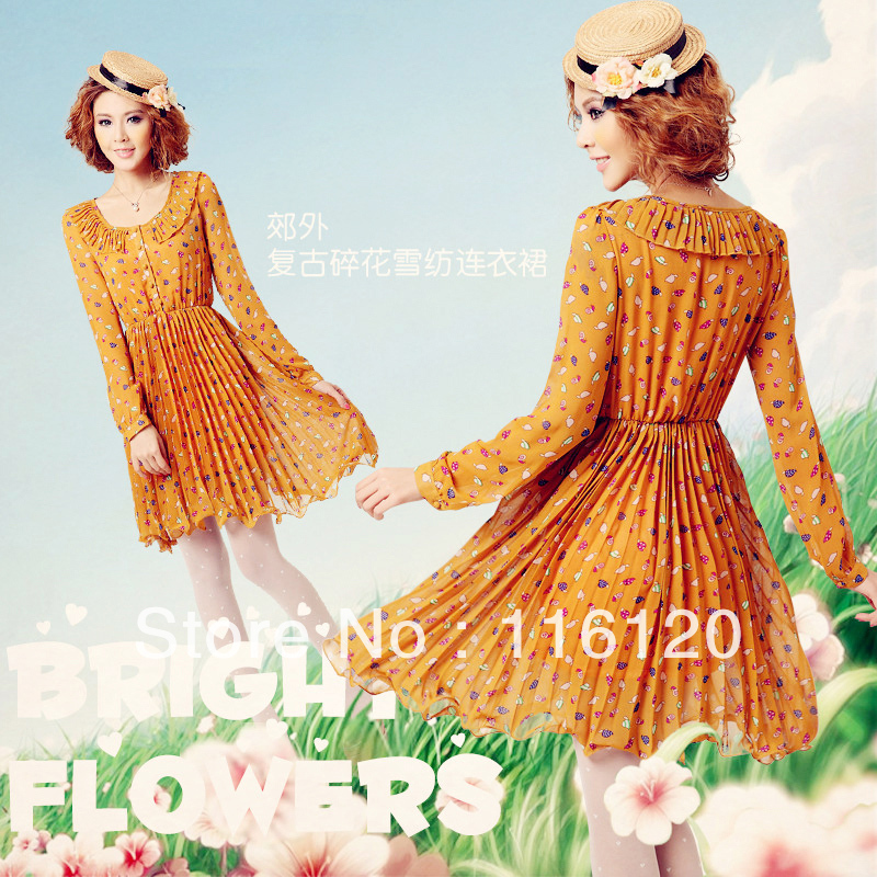 free shipping outskirts of spring and summer 2013 retro Korean Floral Chiffon dress summer dresses A1207