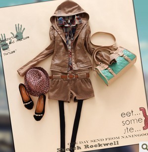 Free shipping P-666 2012 autumn women's hooded patchwork woolen casual leather clothing short jacket