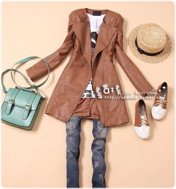 Free shipping P-686 2012 spring and autumn women's medium-long motorcycle PU fashion outerwear leather clothing