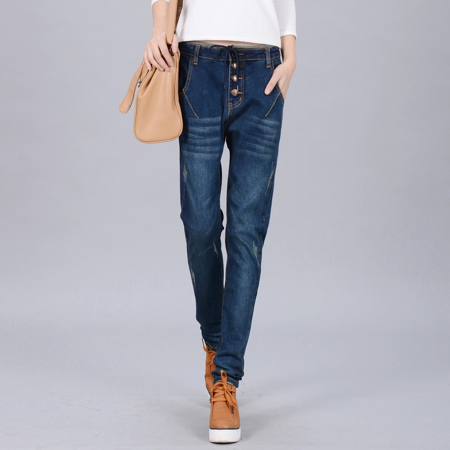 Free shipping Pants wearing white dark color button harem pants water wash jeans retro finishing trousers women's trousers