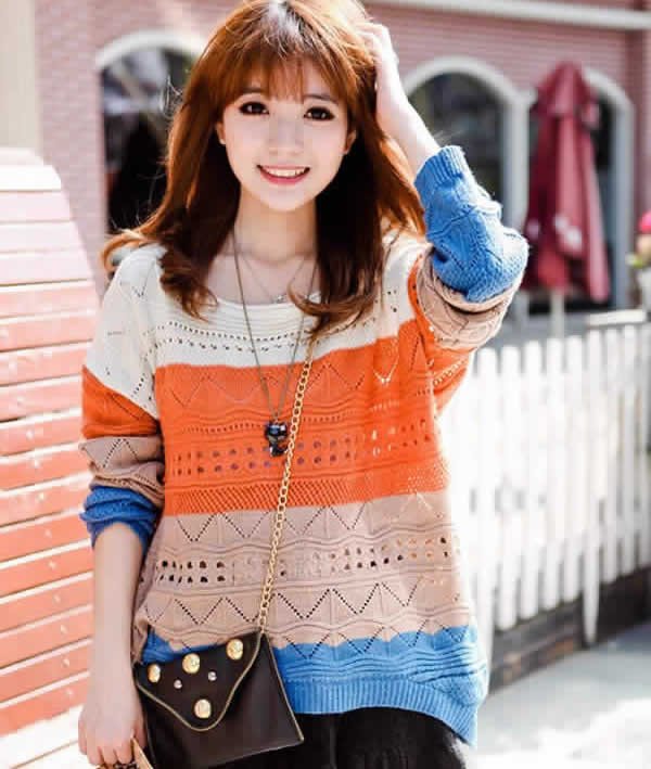 Free shipping patchwok color striped   full sleeve   knitwear casual women knitted sweater coat dress pullovers new fashion 2013