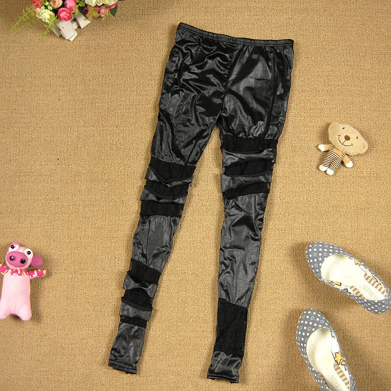 free shipping Patchwork lace legging female gauze ankle length trousers 2012 faux leather pants black