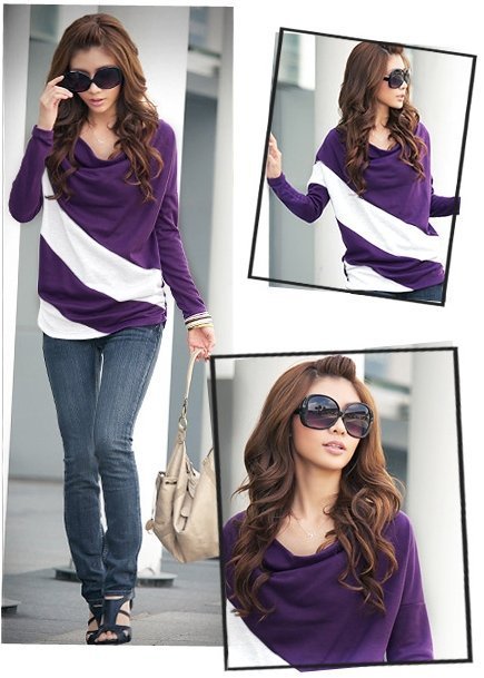 free shipping patchwork Promotion Women's loose long sleeve t shirt stitching striped pullover 5 colors and 4 size,drop shipping