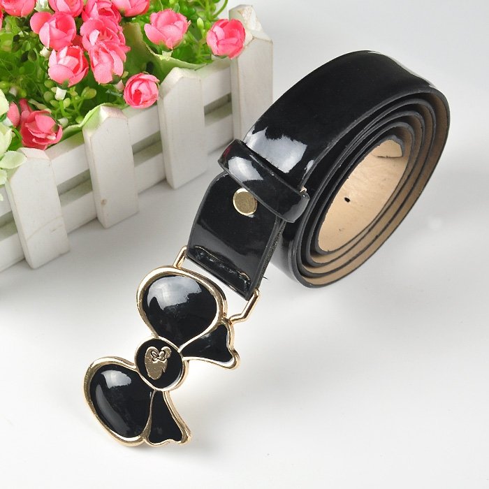 Free Shipping Patent Pu leather Belt Women's Fashion Bowknot Metal Buckle Belts Black Color