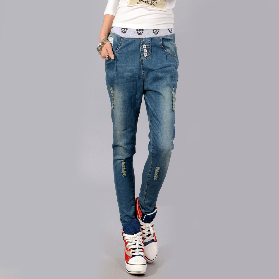 Free shipping Pattern women's wearing white denim trousers distrressed jeans dark color retro finishing water wash skinny pants