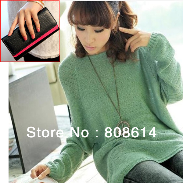 Free Shipping Pea Green Casual Style Women Batwing Sweater +1PCS Brand New Womens Purse Card Bag