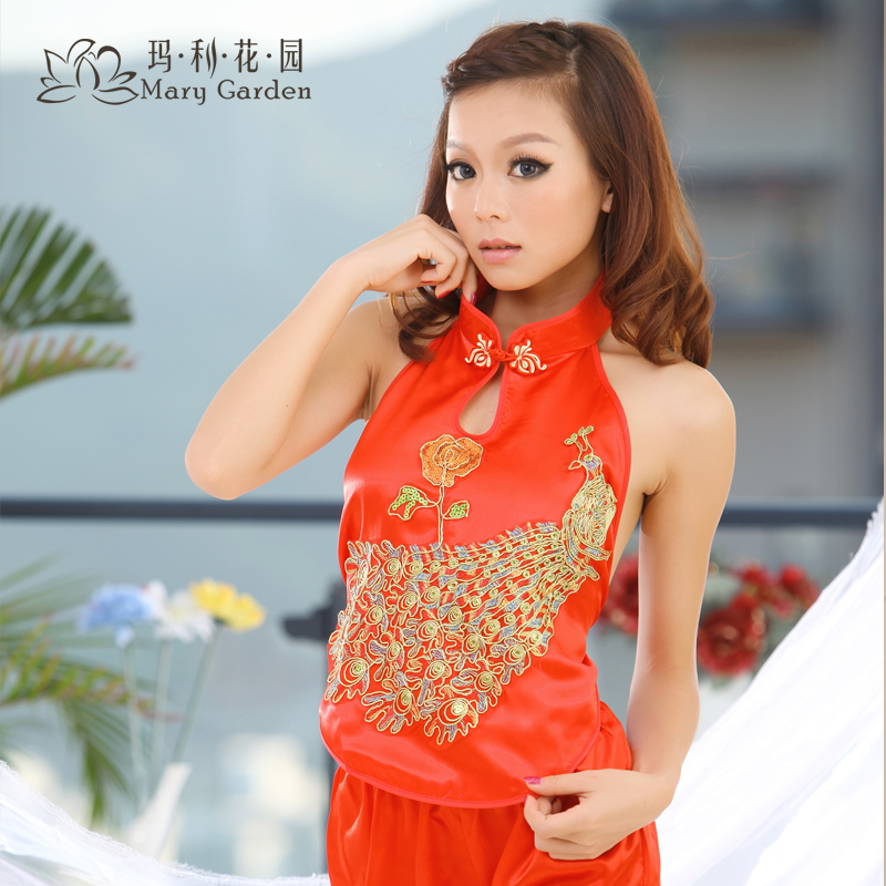 Free shipping Peacock embroidery sexy women's adult marry red faux silk apron national trend