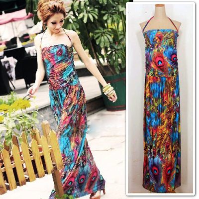 Free shipping Peacock flower slim one-piece dress bohemia viscose full dress national trend beach dress