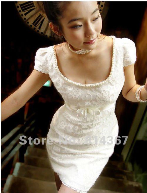 FREE SHIPPING PEARL COLLAR SHORT-SLEEVE SLIM LACE DRESS WITH AFTER LACING WF-0132