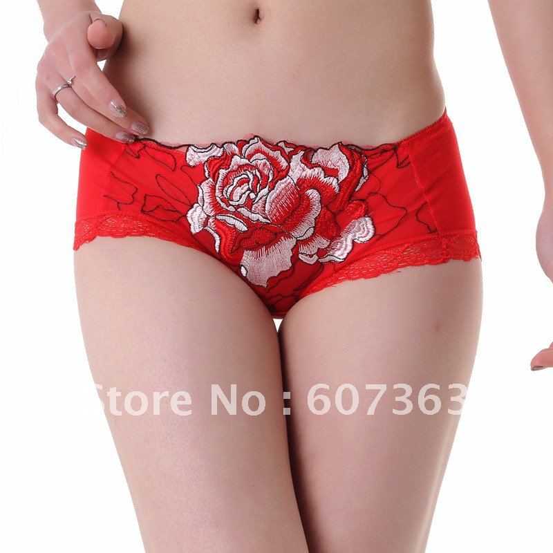 Free shipping   Peony Embroidery Sexy Lace Women's Underwear Briefs Knickers Red  Panties