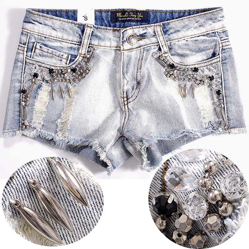 free shipping perfect water wash wearing white hole beading diamond women's denim shorts