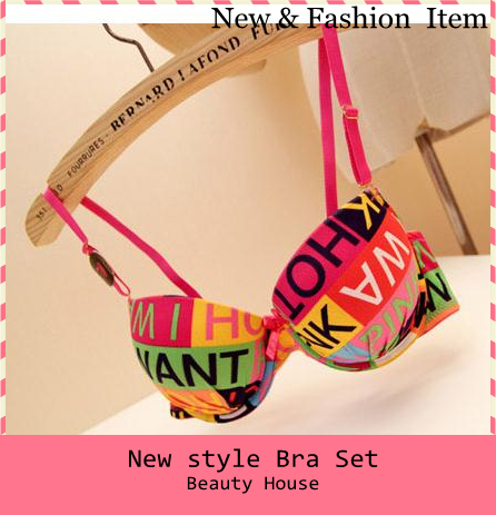 Free shipping personalized colorful graffiti letters pattern collision color bra sets gather stereotypes color underwear F0058