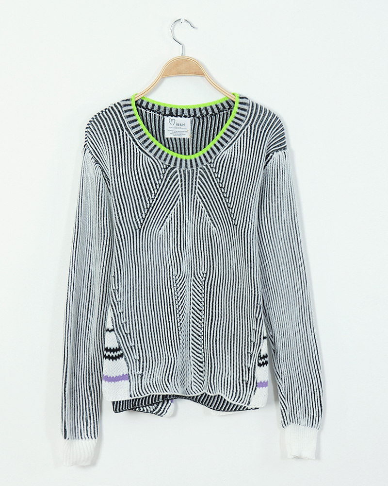 Free Shipping Personalized fine stripe irregular sweep color block decoration loose long-sleeve pullover sweater 3 wholesale