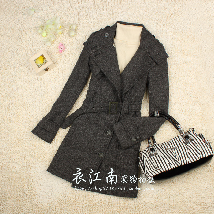 FREE SHIPPING! Pimkie slim long design belt stand collar woolen trench overcoat outerwear -HB