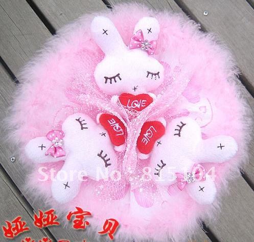 Free shipping Pink 3 hold heart rabbit cartoon bouquet dried flowers fashion fake bouquet palm flower X576