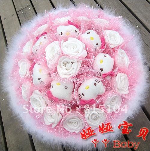 Free shipping pink and white roses 7 cute kitty cartoon bouquet  dried flowers  fake bouquet X563
