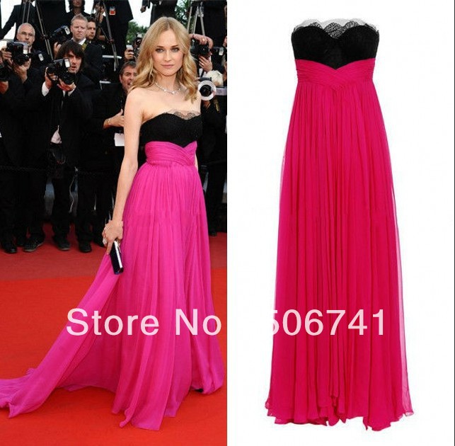 Free Shipping Pink Chiffon A-Line Black Lace Sweetheart Court Train Gorgeous Celebrity Dresse