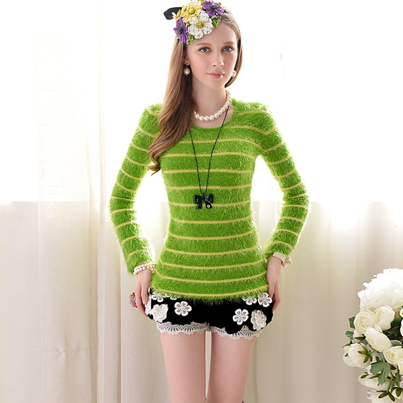 Free shipping Pink doll brand Green long velvet xiangpin yellow slim pullover sweater women's knitted basic shirt a