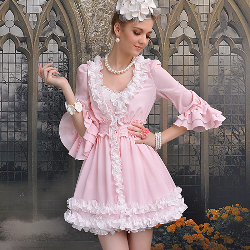Free shipping Pink doll brand Pink xiangpin royal ruffle hem bow bubble half sleeve thin outerwear