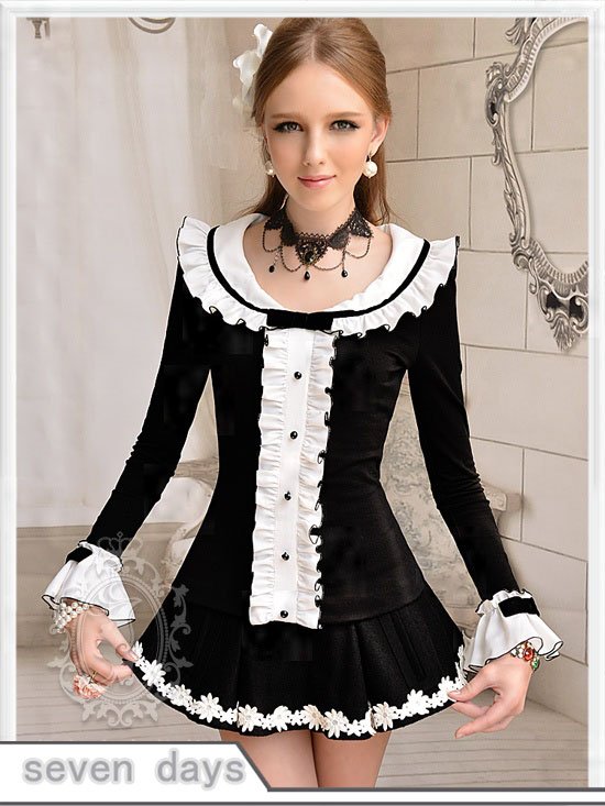 Free Shipping Pink Doll Holiday Sale O-neck Ruffles Bowtie Slim Fit Long Sleeve T-shirt ZL112828BA