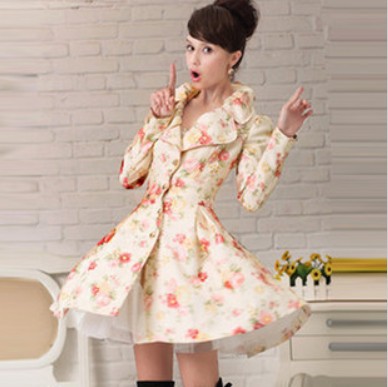 Free Shipping Pink Doll Holiday Sale Turn-down Collar Floral Printing Single-breasted Trench Coat