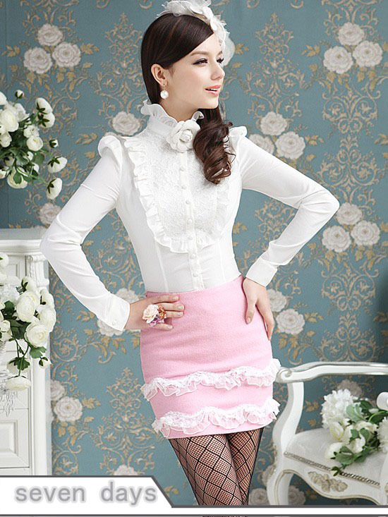 Free Shipping  Pink Doll  Turn-down Collar  Ruffles Long Sleeve Slim Fit Bowtie Blouse Top HL120415WI