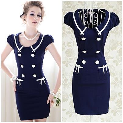 Free shipping pink double breasted short sleeve peter pan collar bow pocket ladies sheath mini cute dress new fashion 2013