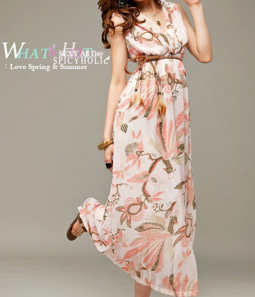 Free Shipping, Pink peacock before and after v chiffon long design one-piece dress feather 0188