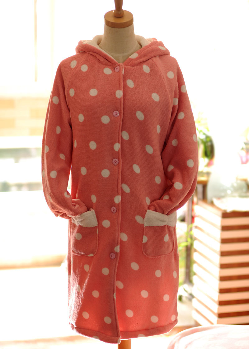 Free Shipping Pink polka dot winter coral fleece cotton-padded with a hood long design lounge 0.75kg