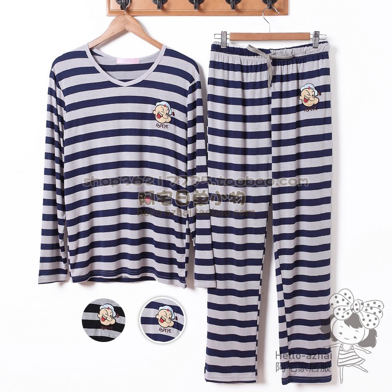 Free Shipping! Pink POPEYE modal spring and autumn stripe long-sleeve lovers design sleepwear lounge Men