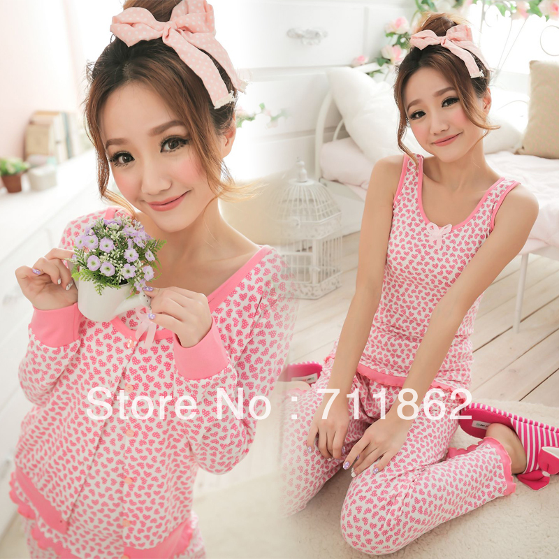 free shipping Pink Spring Long Sleeve Cotton Women Cartoon Sleepwear Pajama Homewear Sets 3pcs